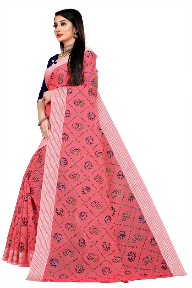 Peach Printed Cotton Saree main image 0