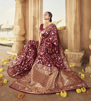 Maroon woven Banarasi silk blend saree with blouse 2