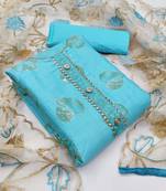 Sky-blue abstract print cotton unstitched salwar with dupatta