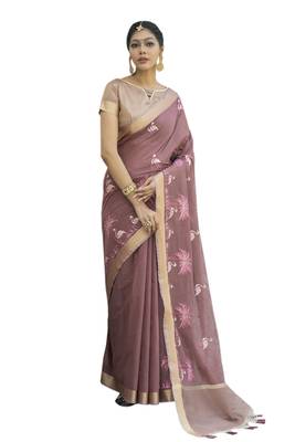 Purple embroidered linen saree with blouse 1