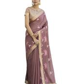 Purple embroidered linen saree with blouse