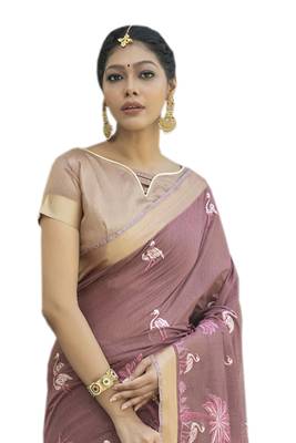 Purple embroidered linen saree with blouse 3