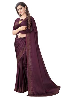Purple plain satin saree with blouse 1