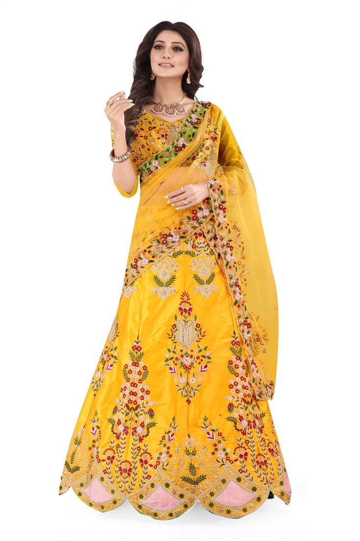 Yellow Designer Partywear Embroidered Work Malay satin lehenga choli 