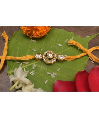 High quality Kundan studded rakhi with yellow cotton thread 2