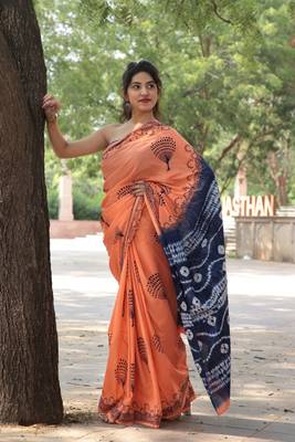 orange printed cotton saree with blouse 1
