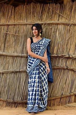 Multicolor printed cotton saree with blouse 1
