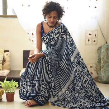 Multicolor printed cotton saree with blouse 1