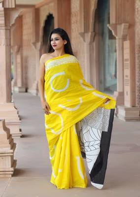 Yellow printed cotton saree with blouse 1