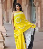 Yellow printed cotton saree with blouse