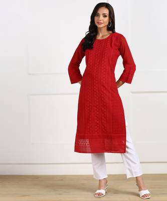 Red embroidered georgette chikankari-kurtis 1