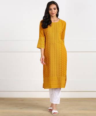Yellow embroidered georgette chikankari-kurtis 1