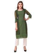 Dark-green embroidered georgette chikankari-kurtis