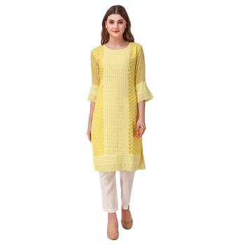 Yellow embroidered georgette chikankari-kurtis 1