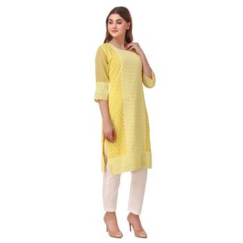 Yellow embroidered georgette chikankari-kurtis 4