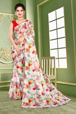Cream printed lycra saree with blouse 1