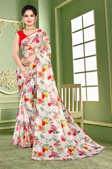 Cream printed lycra saree with blouse