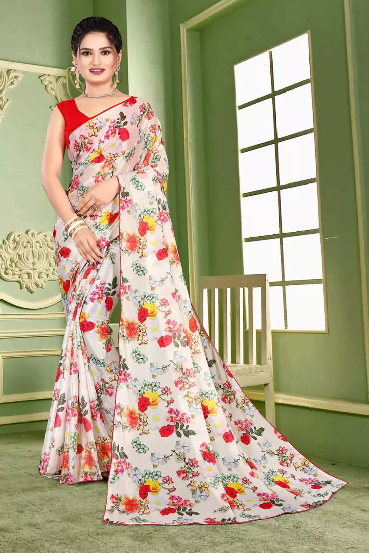 Cream printed lycra saree with blouse