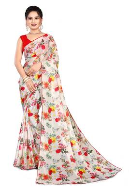 Cream printed lycra saree with blouse 2