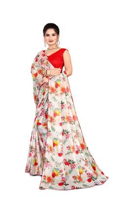 Cream printed lycra saree with blouse 3