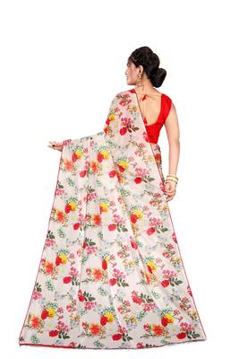 Cream printed lycra saree with blouse 4