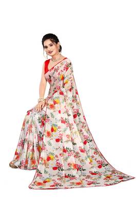 Cream printed lycra saree with blouse 5