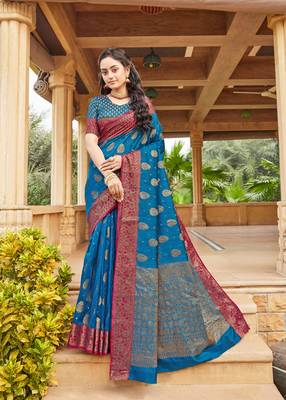 Blue woven banarasi silk saree with blouse 1