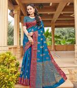 Blue woven banarasi silk saree with blouse