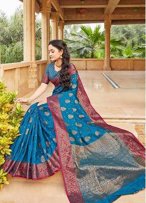 Blue woven banarasi silk saree with blouse 2