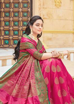 Pink woven banarasi silk saree with blouse 2