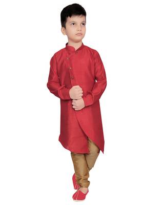 Red plain poly dupion boys-kurta-pyjama 1
