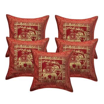 Cushion Cover Red Color Elephant Print Set of 5 (16 X 16 Inch) 2