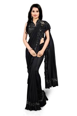 Black plain lycra saree with blouse 1