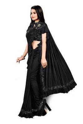 Black plain lycra saree with blouse 2