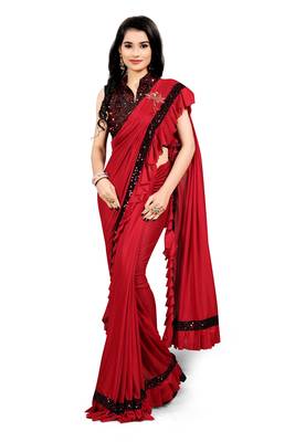Red plain lycra saree with blouse 1