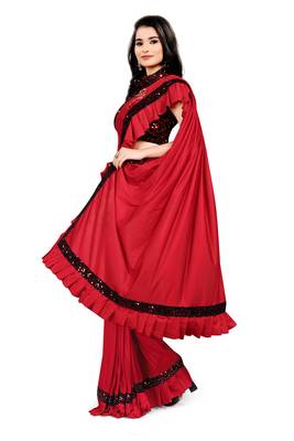 Red plain lycra saree with blouse 2