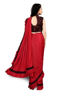 Red plain lycra saree with blouse 3