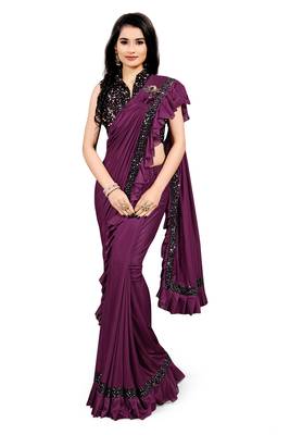 Wine plain lycra saree with blouse 1
