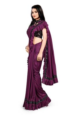 Wine plain lycra saree with blouse 2