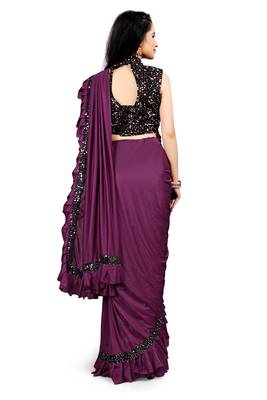Wine plain lycra saree with blouse 3