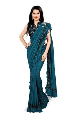 Turquoise plain lycra saree with blouse 1