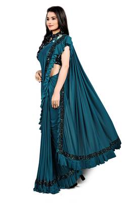 Turquoise plain lycra saree with blouse 2