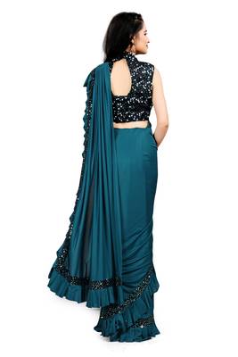 Turquoise plain lycra saree with blouse 3