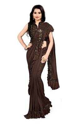 Coffee plain lycra saree with blouse 1