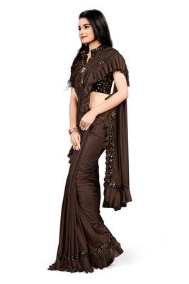 Coffee plain lycra saree with blouse 2
