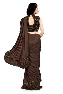 Coffee plain lycra saree with blouse 3