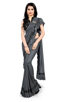 Grey plain lycra saree with blouse 1