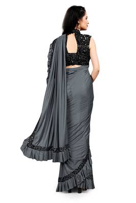 Grey plain lycra saree with blouse 3