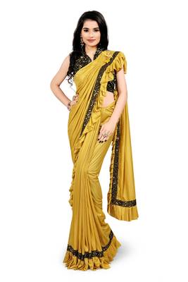 Mustard plain lycra saree with blouse 1