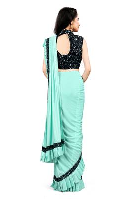 Sky blue plain lycra saree with blouse 3